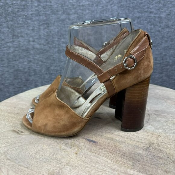 Louise Et Cie 37 / 6.5M Brown tan Suede Peep Toe Heels Ankle Strap Stacked heel - Picture 9 of 10